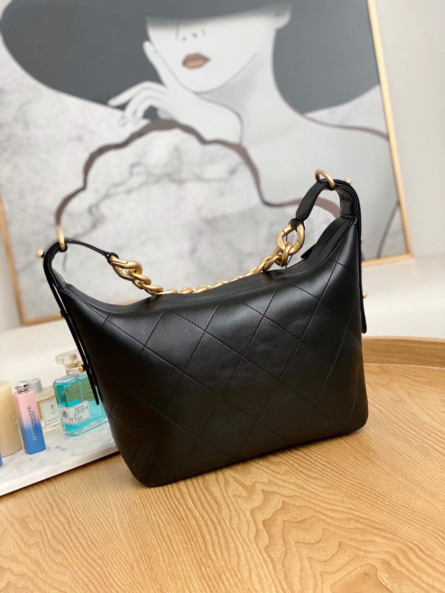 Chanel AS2910 Hobo Handbag Calfskin Black Gold