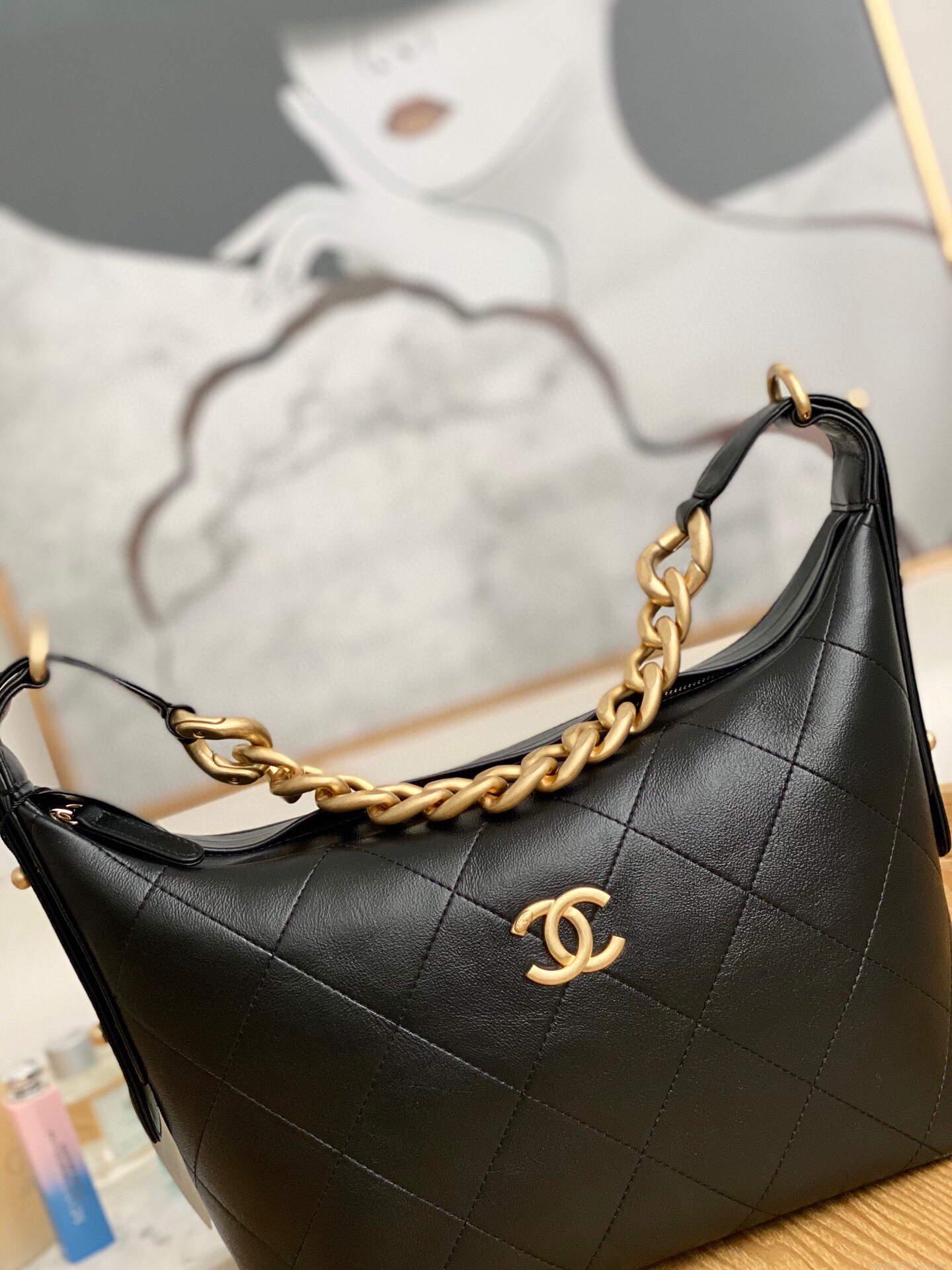 Chanel AS2910 Hobo Handbag Calfskin Black Gold