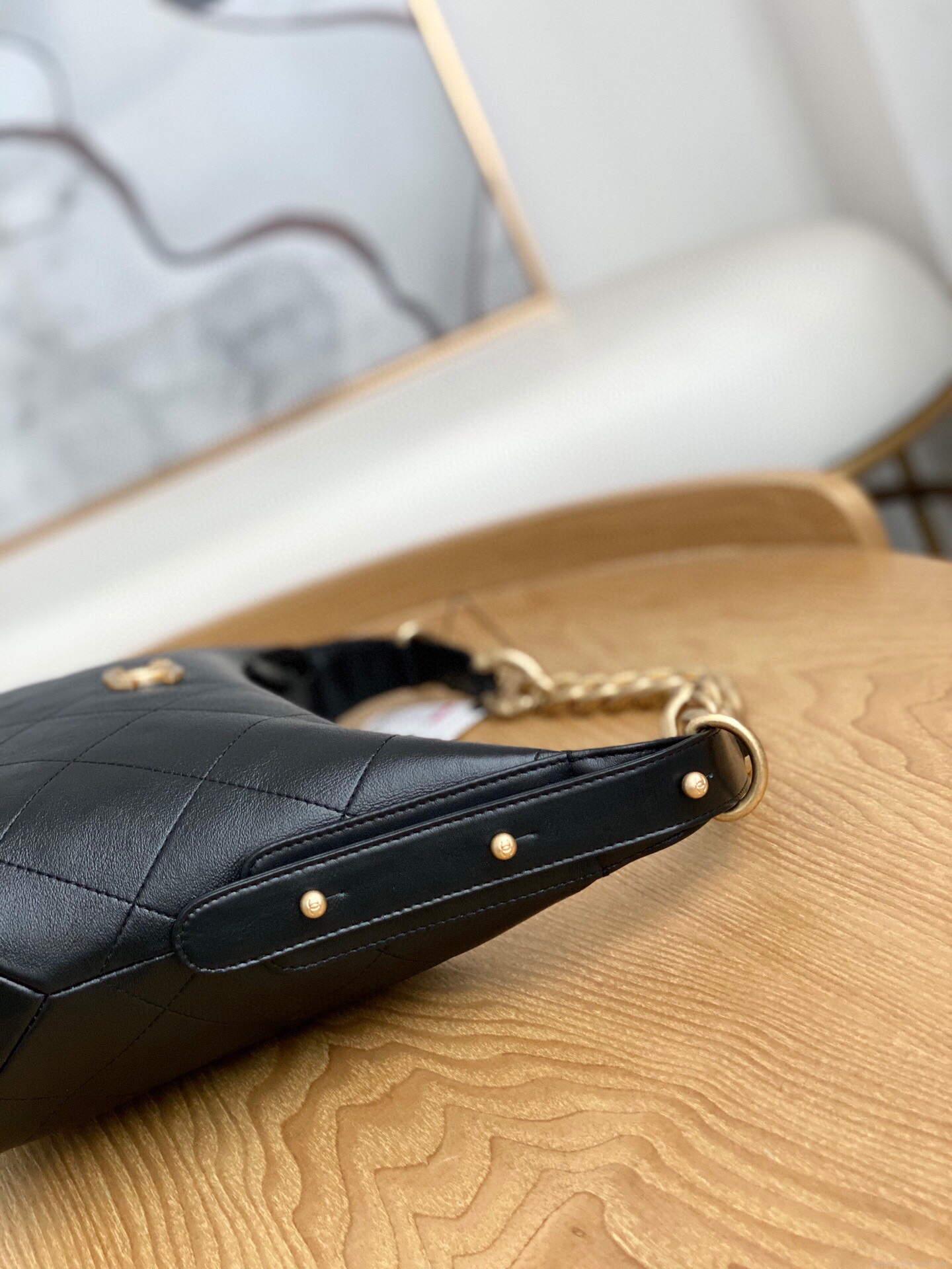 Chanel AS2910 Hobo Handbag Calfskin Black Gold