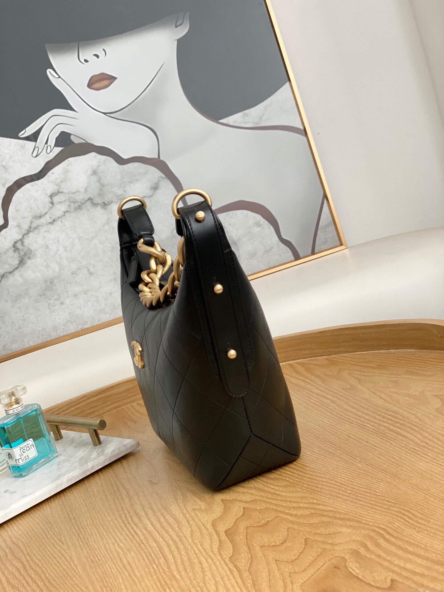 Chanel AS2910 Hobo Handbag Calfskin Black Gold