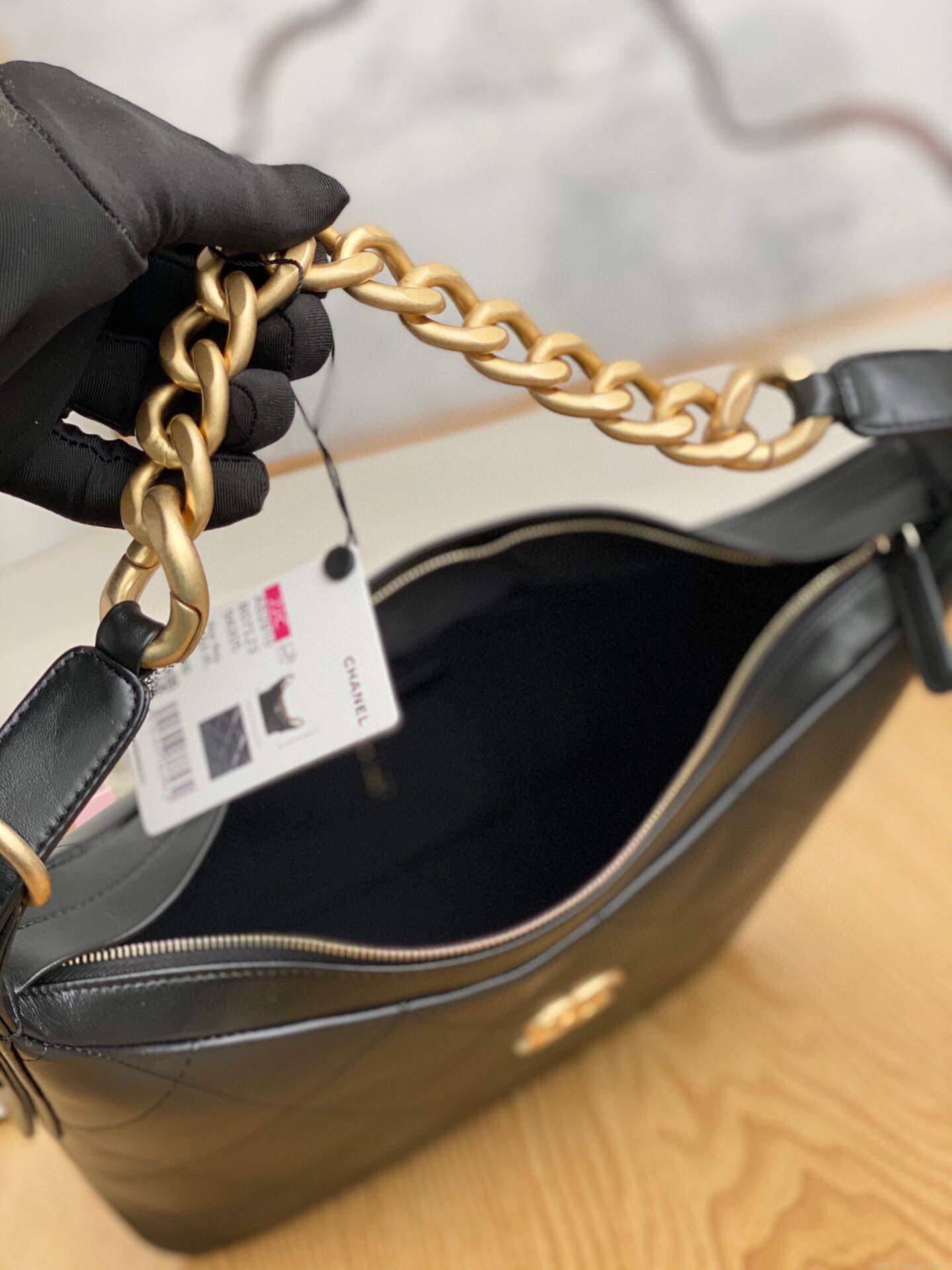 Chanel AS2910 Hobo Handbag Calfskin Black Gold