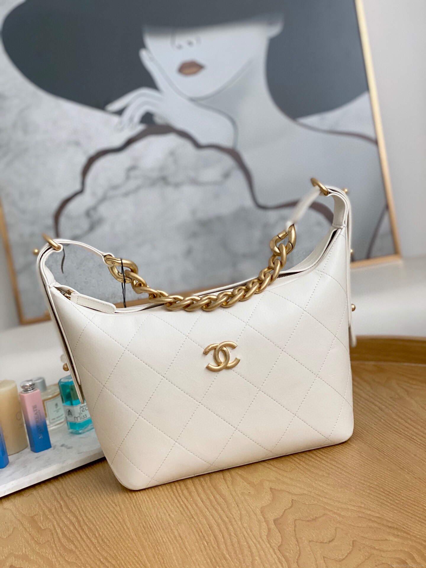 Chanel AS2910 Hobo Handbag Calfskin White Gold