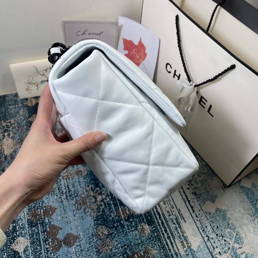 Chanel 19 Maxi Handbag Lambskin Gold AS1162 White