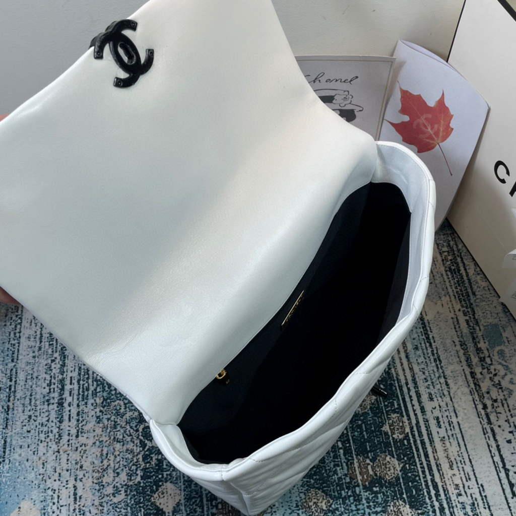 Chanel 19 Maxi Handbag Lambskin Gold AS1162 White