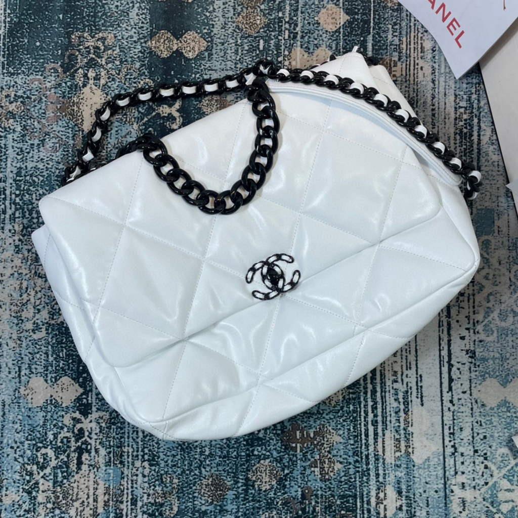 Chanel 19 Maxi Handbag Lambskin Gold AS1162 White