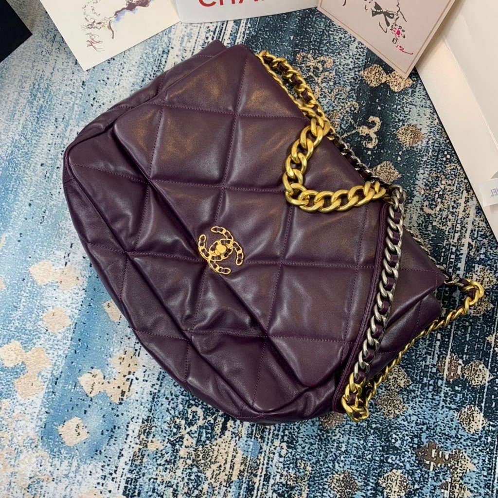 Chanel 19 Maxi Handbag Lambskin Gold AS1162 Dark Purple