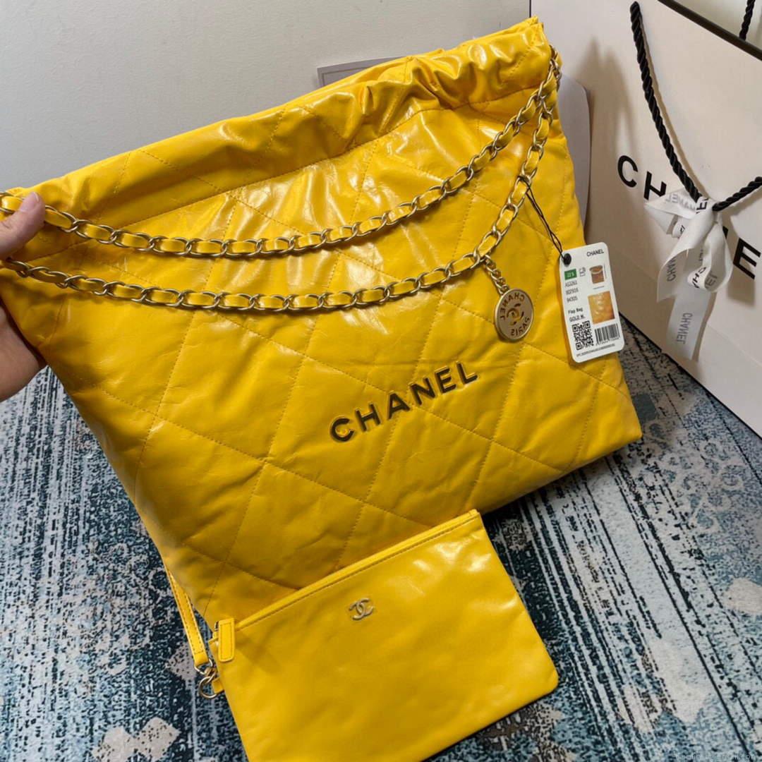 Chanel 22 Handbag Shiny Calfskin Gold AS3261 Yellow