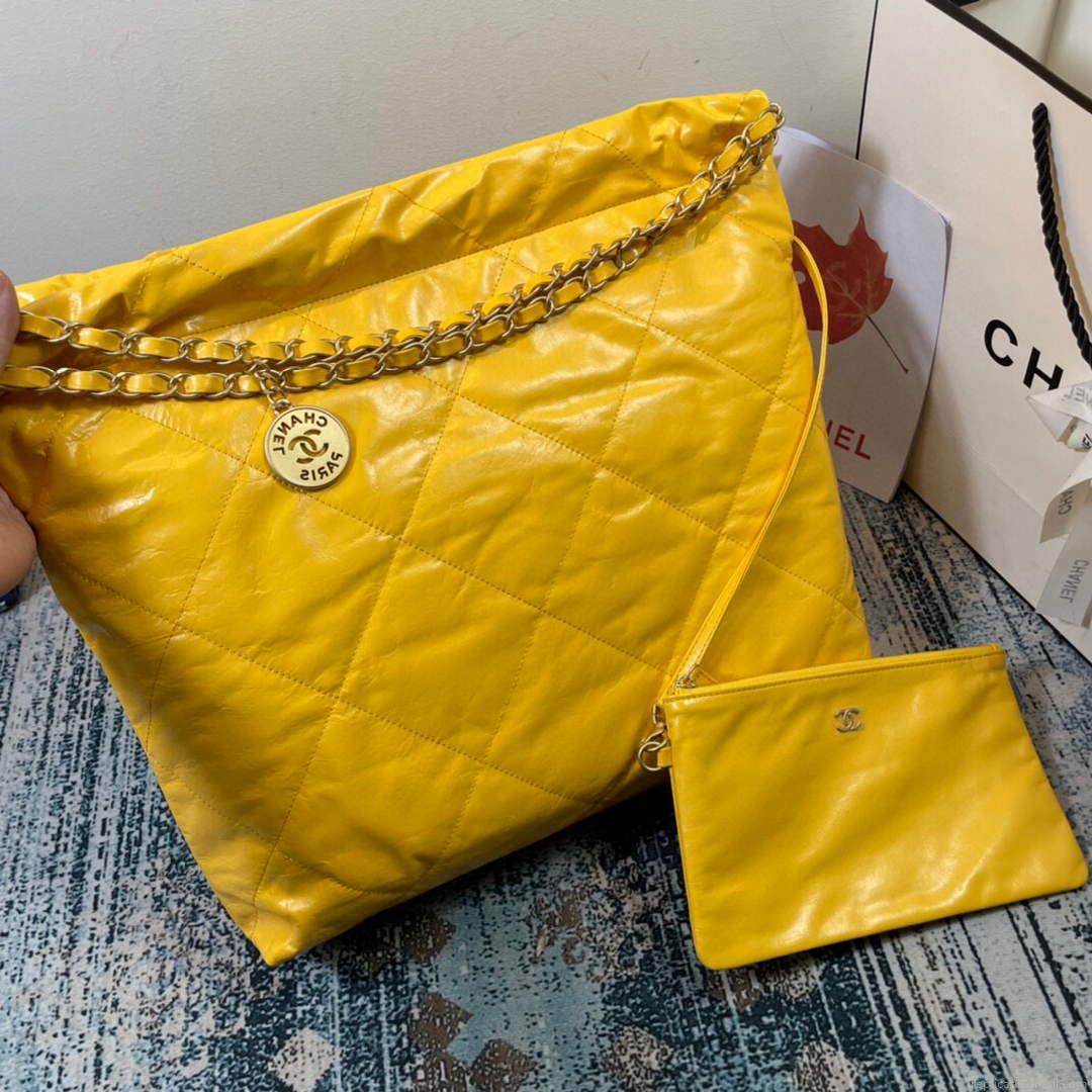 Chanel 22 Handbag Shiny Calfskin Gold AS3261 Yellow