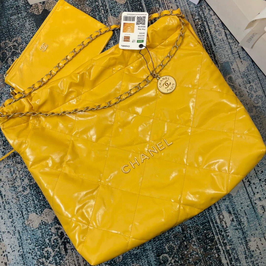 Chanel 22 Handbag Shiny Calfskin Gold AS3261 Yellow