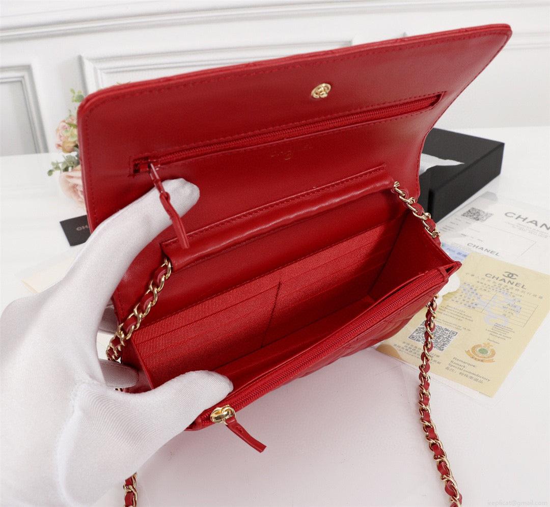 Chanel AP0250 Wallet on Chain Lambskin A33814 Red Gold