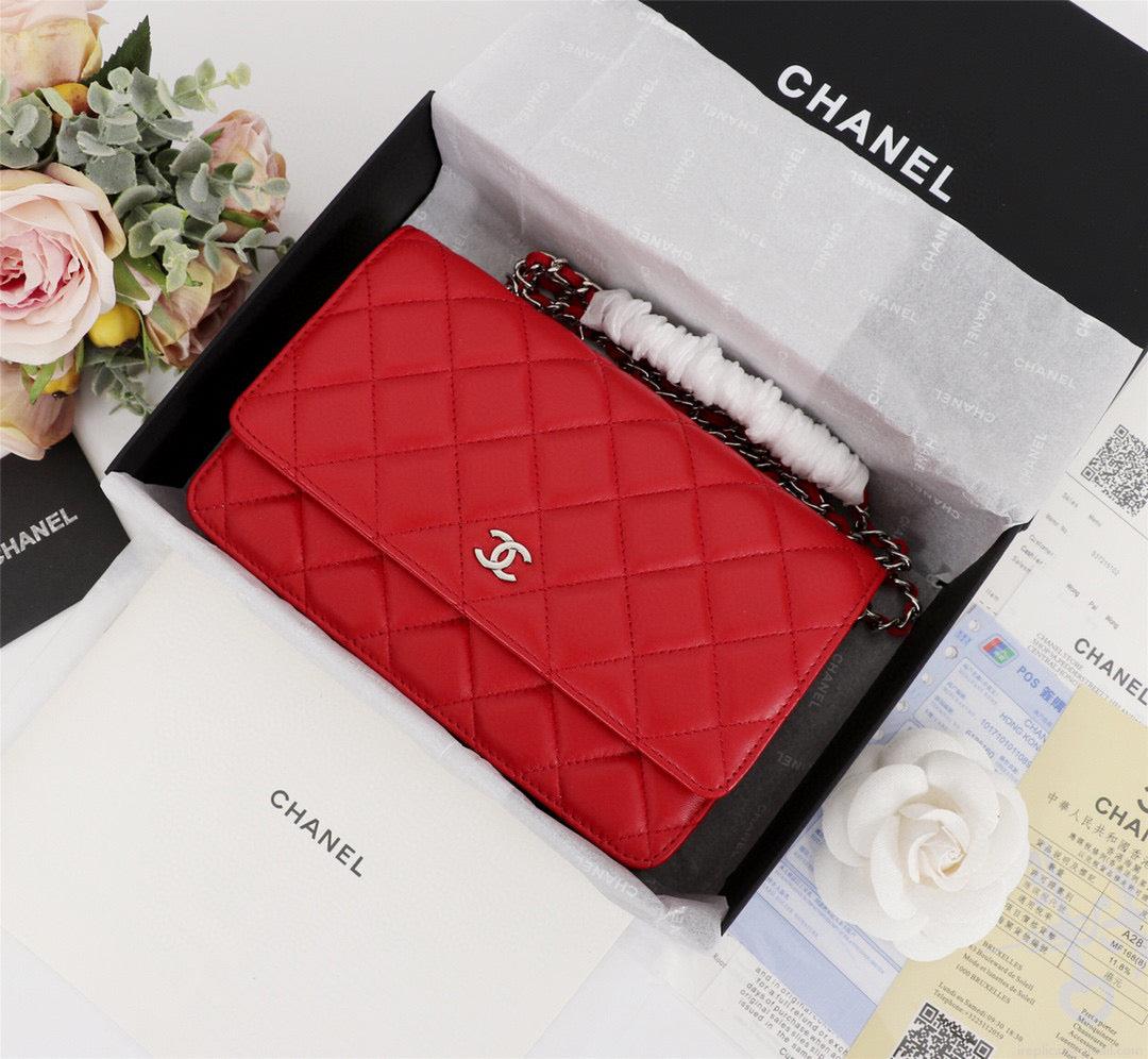 Chanel AP0250 Wallet on Chain Lambskin A33814 Red Silver