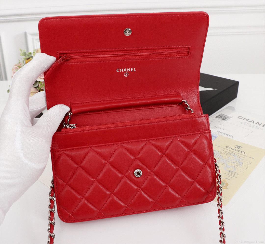 Chanel AP0250 Wallet on Chain Lambskin A33814 Red Silver