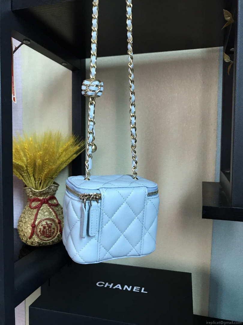 Chanel AP1447 small Vanity with chain lambskin gold Light Blue