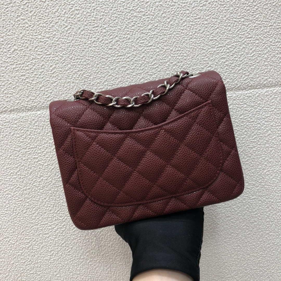 Chanel A35200 Mini Flap Bag 17cm Grained Calfskin Wine Red Silver