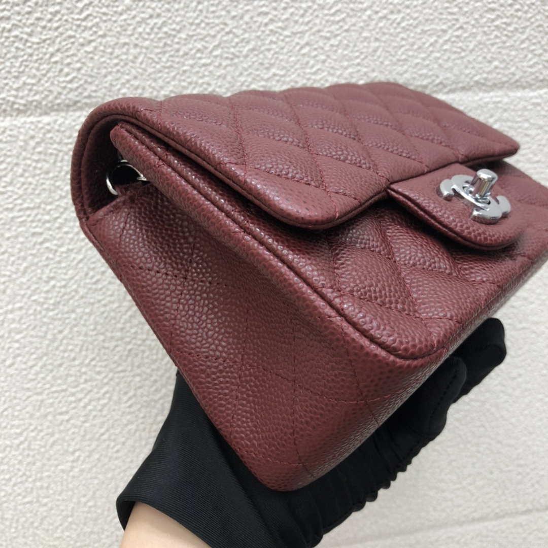 Chanel A35200 Mini Flap Bag 17cm Grained Calfskin Wine Red Silver
