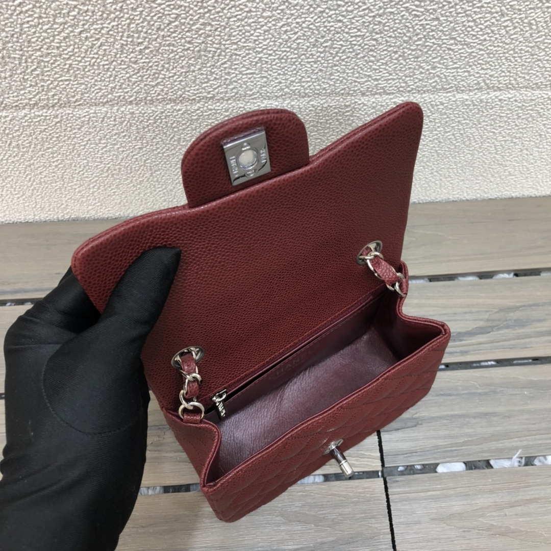 Chanel A35200 Mini Flap Bag 17cm Grained Calfskin Wine Red Silver