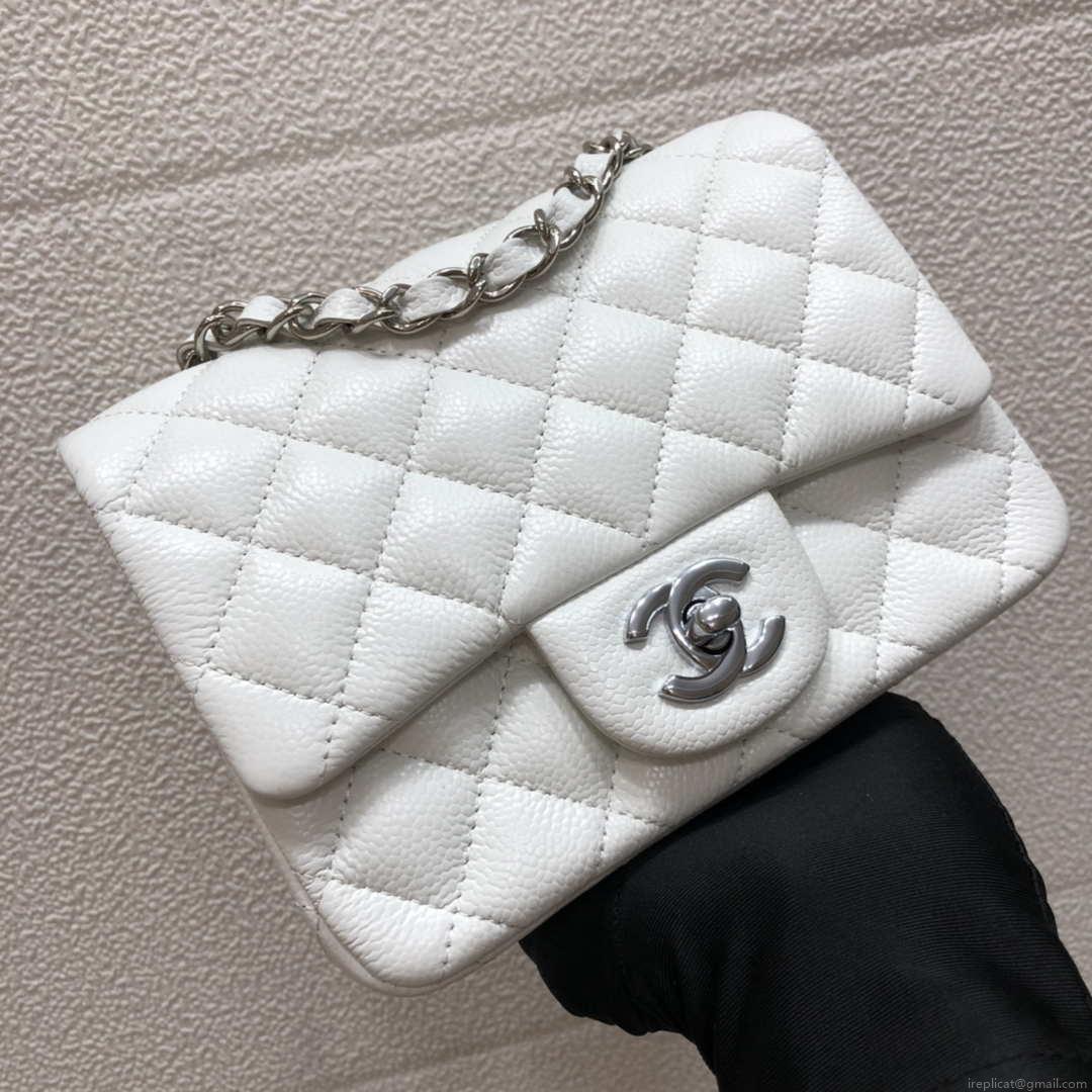 Chanel A35200 Mini Flap Bag 17cm Grained Calfskin Whiet Silver