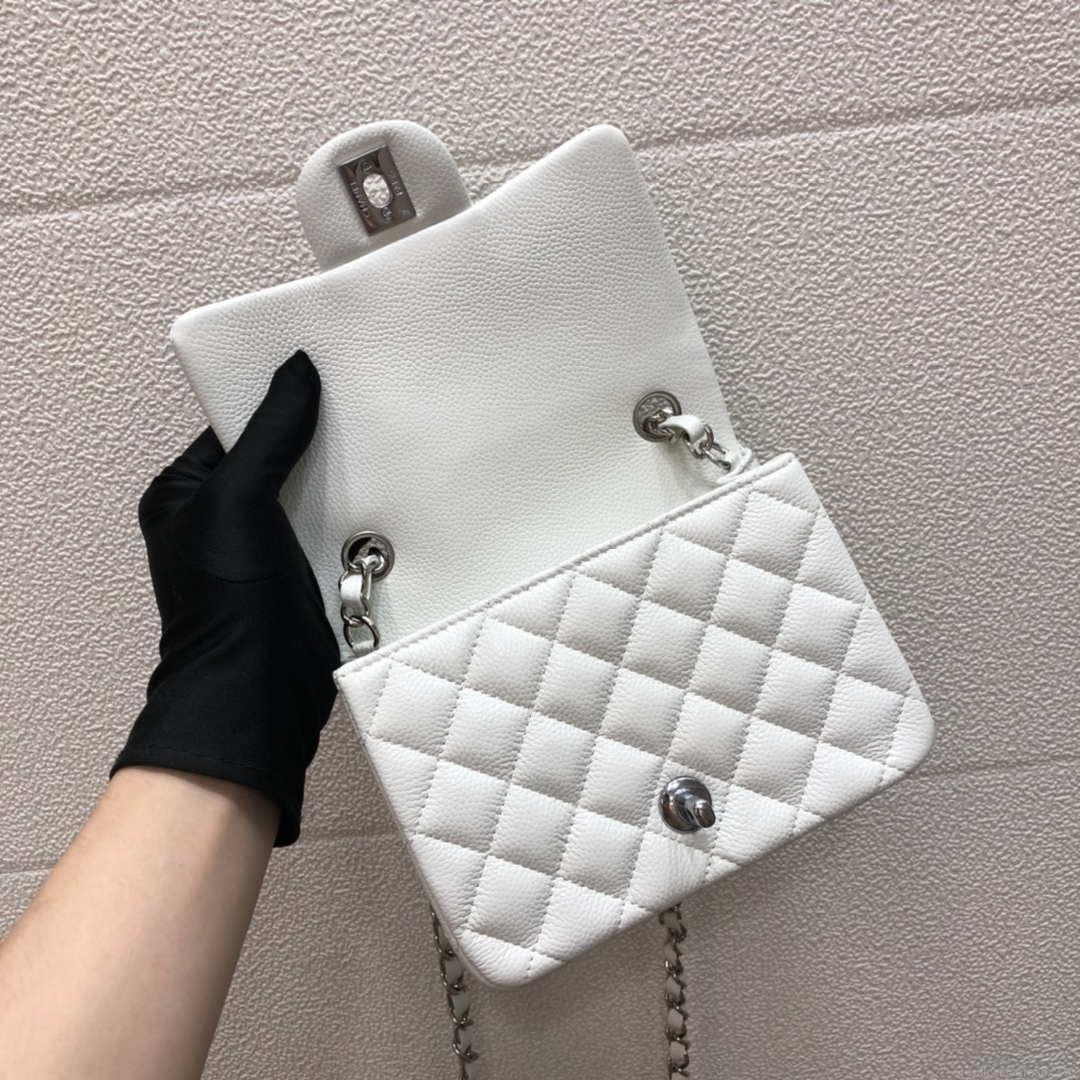 Chanel A35200 Mini Flap Bag 17cm Grained Calfskin Whiet Silver