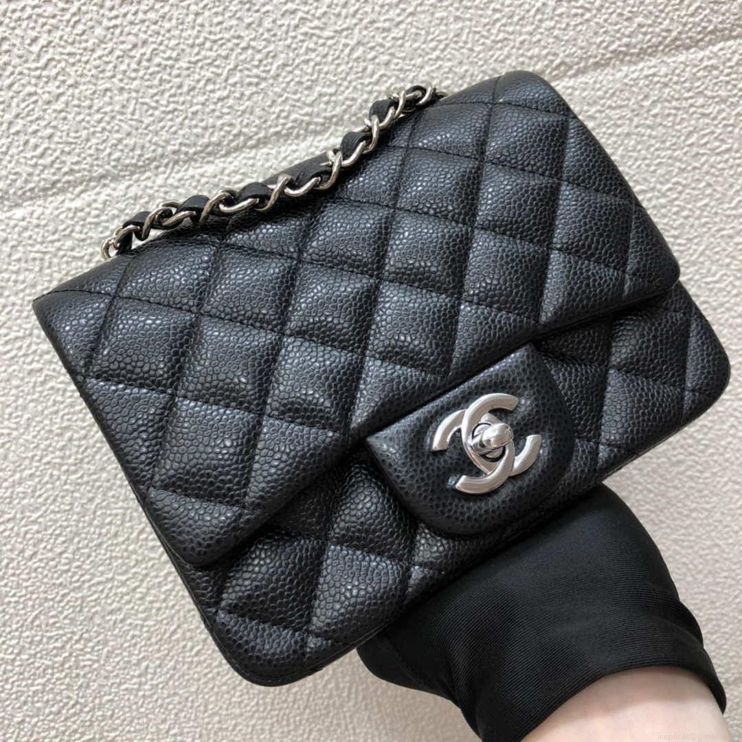 Chanel A35200 Mini Flap Bag 17cm Grained Calfskin Black Silver