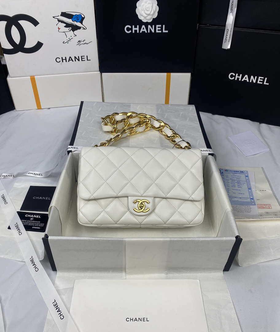 Chanel AS3215 Large Flap Bag Lambskin Gold-Tone Metal White