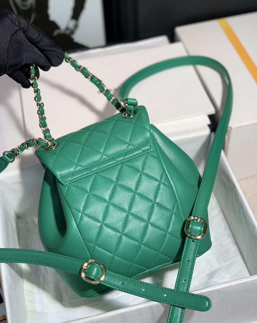 Chanel Backpack Duma Green Lambskin CC AS2908 Gold