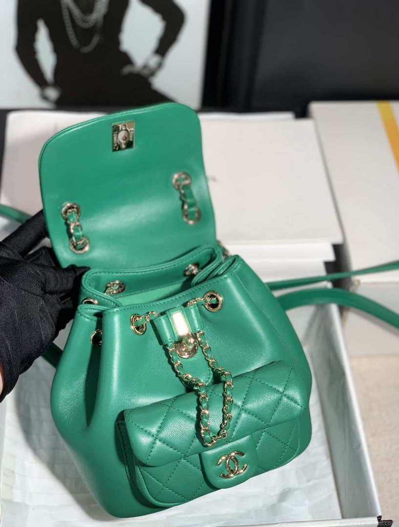 Chanel Backpack Duma Green Lambskin CC AS2908 Gold