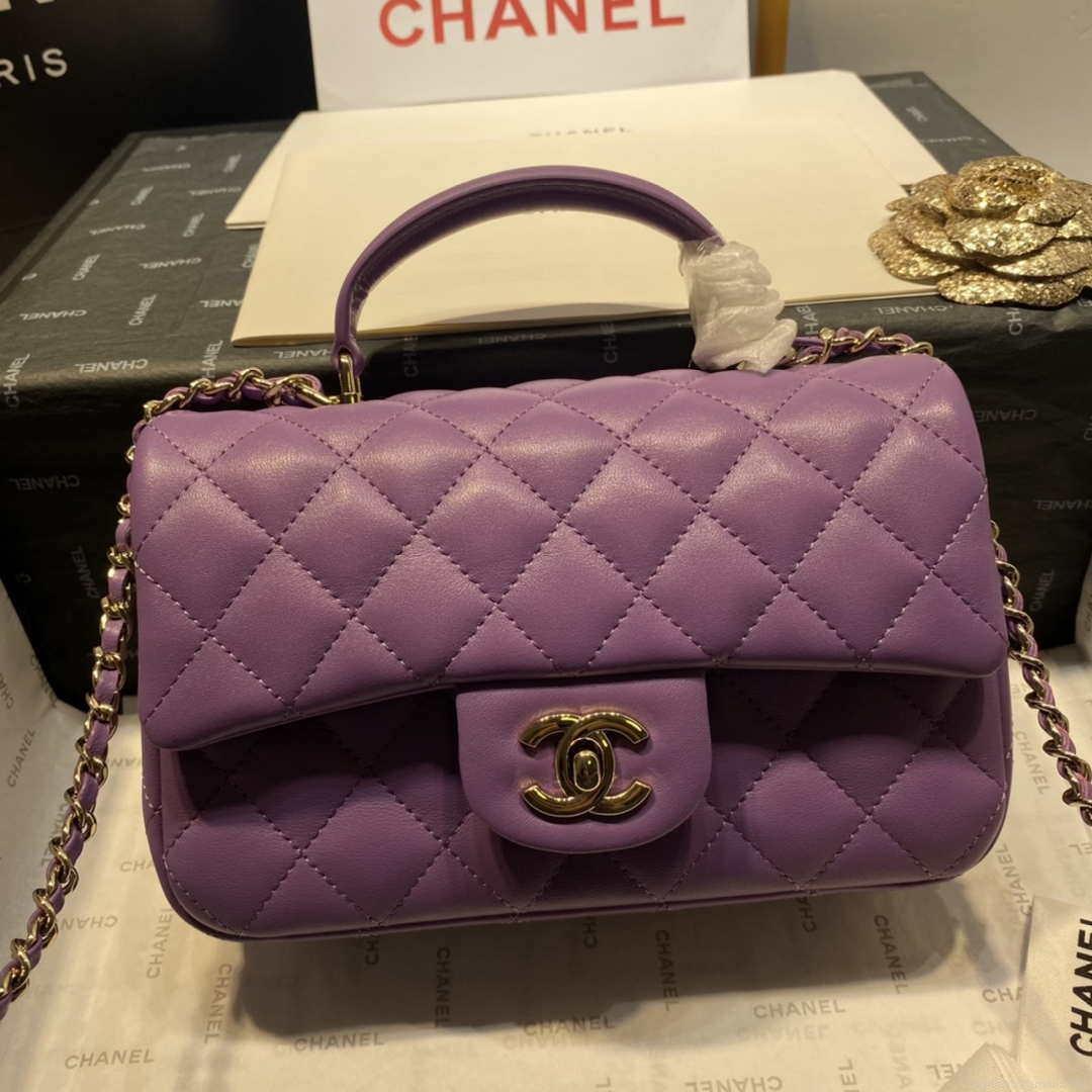 Chanel AS2431 Mini Flap Lambskin Bag with top Handle Purple Bright gold
