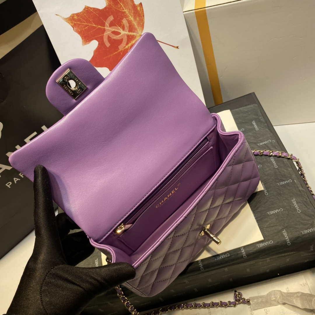 Chanel AS2431 Mini Flap Lambskin Bag with top Handle Purple Bright gold