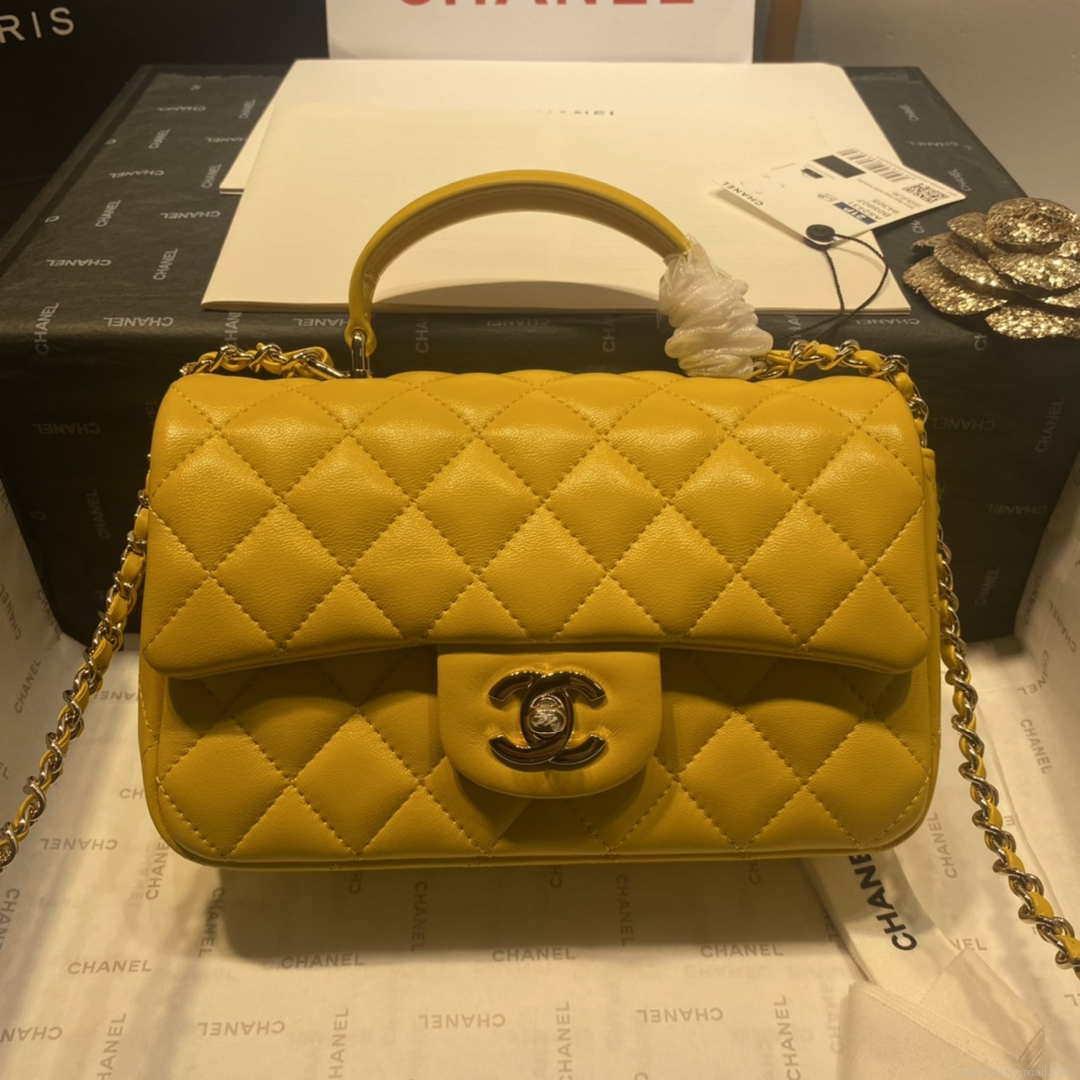 Chanel AS2431 Mini Flap Lambskin Bag with top Handle Yellow Bright gold