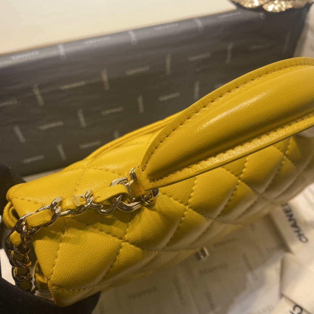 Chanel AS2431 Mini Flap Lambskin Bag with top Handle Yellow Bright gold