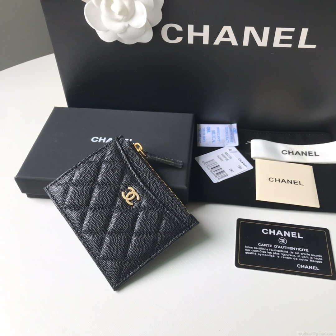 Chanel Classic Card Holder Zipper Grained shiny calfskin A31510 Black Gold