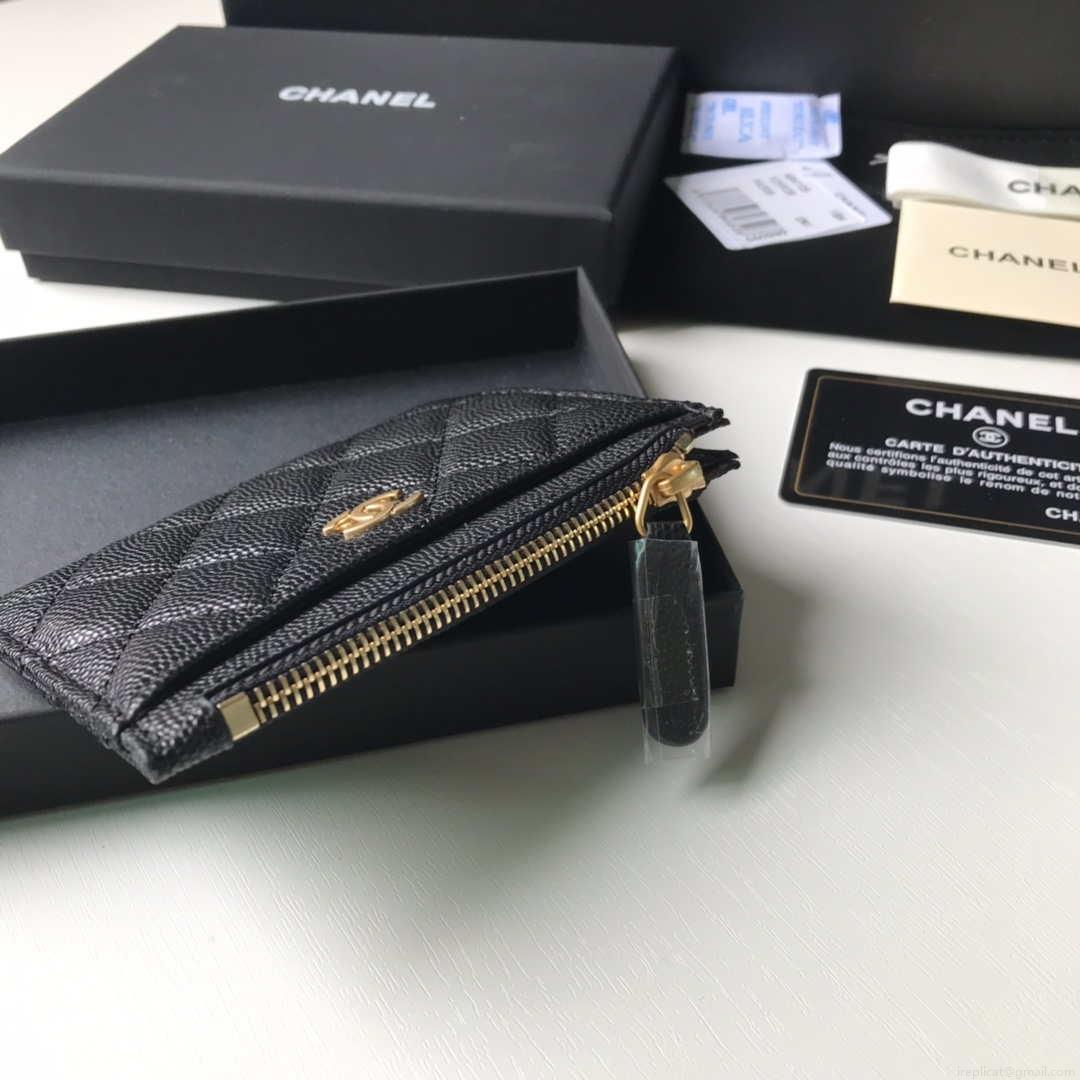 Chanel Classic Card Holder Zipper Grained shiny calfskin A31510 Black Gold