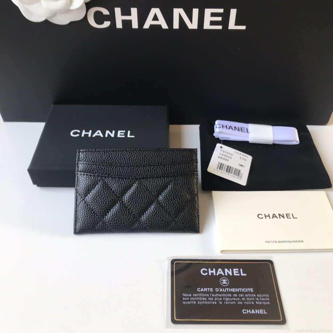Chanel Classic Card Holder Zipper Grained shiny calfskin A31510 Black Silver