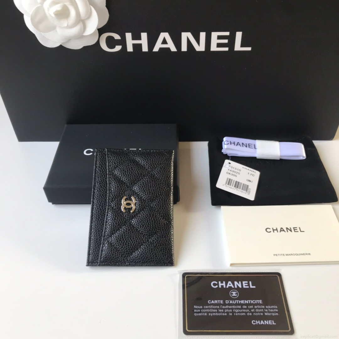 Chanel Classic Card Holder Zipper Grained shiny calfskin A31510 Black Silver