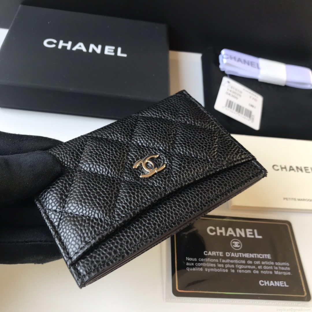 Chanel Classic Card Holder Zipper Grained shiny calfskin A31510 Black Silver