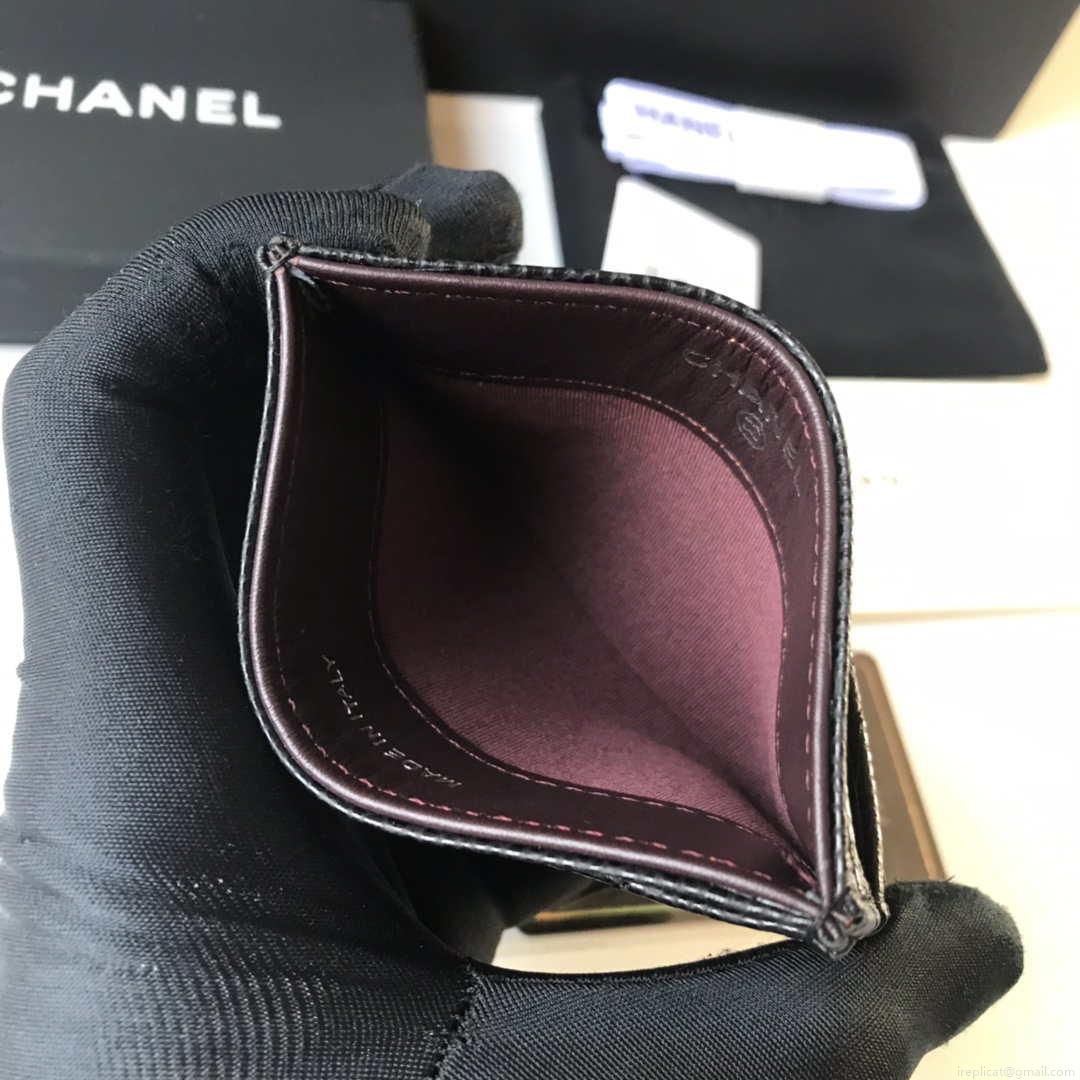 Chanel Classic Card Holder Zipper Grained shiny calfskin A31510 Black Silver