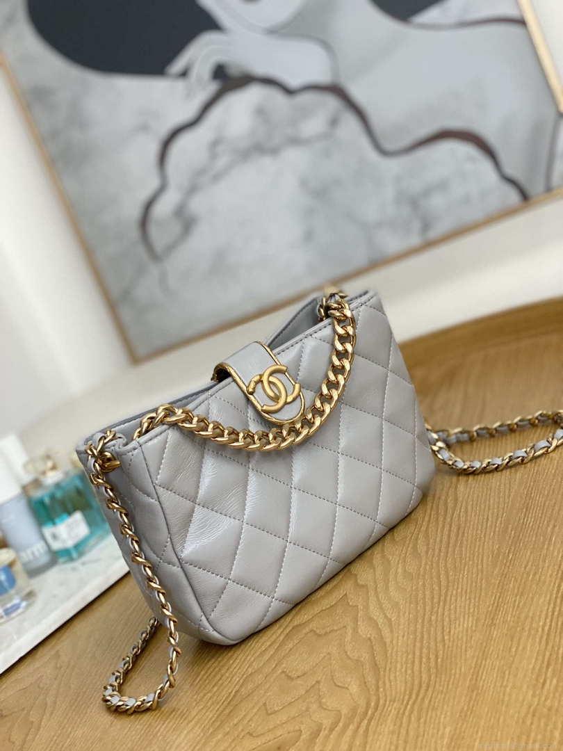 Chanel AS3476 HOBO Handbag Lambskin & Gold-Tone Metal Light Gray
