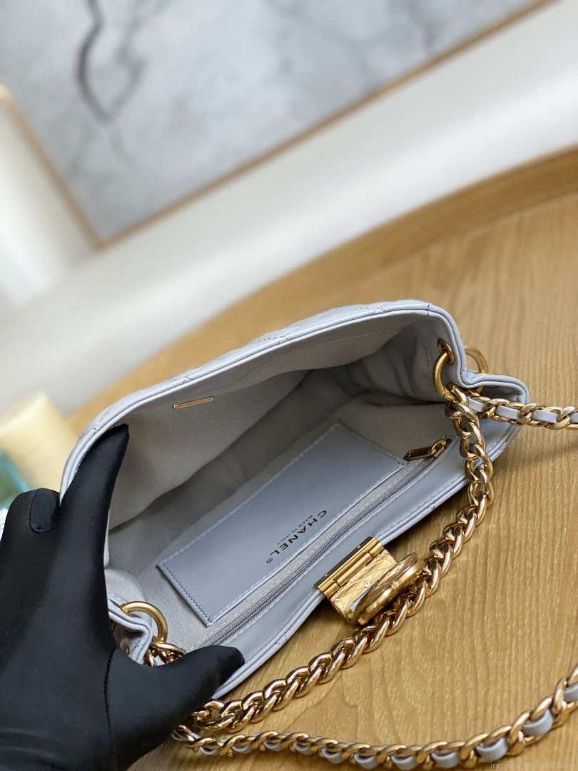 Chanel AS3476 HOBO Handbag Lambskin & Gold-Tone Metal Light Gray