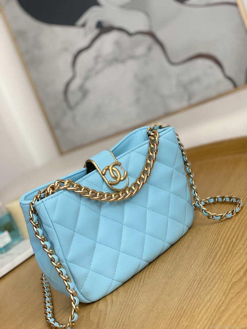 Chanel AS3476 HOBO Handbag Lambskin & Gold-Tone Metal Light Blue