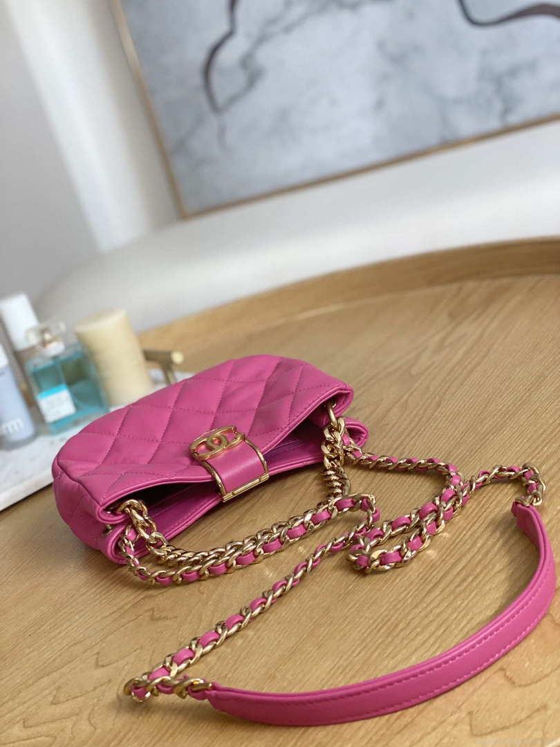 Chanel 3475 Small HOBO Handbag Lambskin & Gold-Tone Metal Rose Red