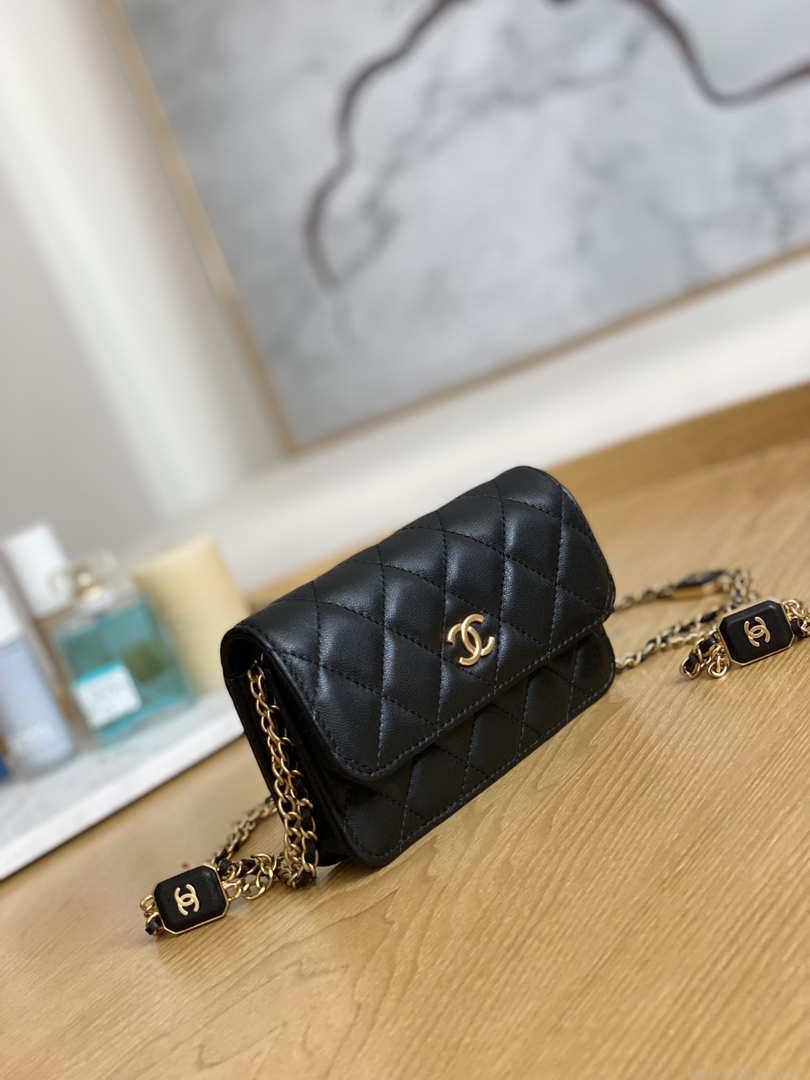 Chanel A68098 Mini Flap Bag Lambskin Onyx Small Square Stewardess Bag Black