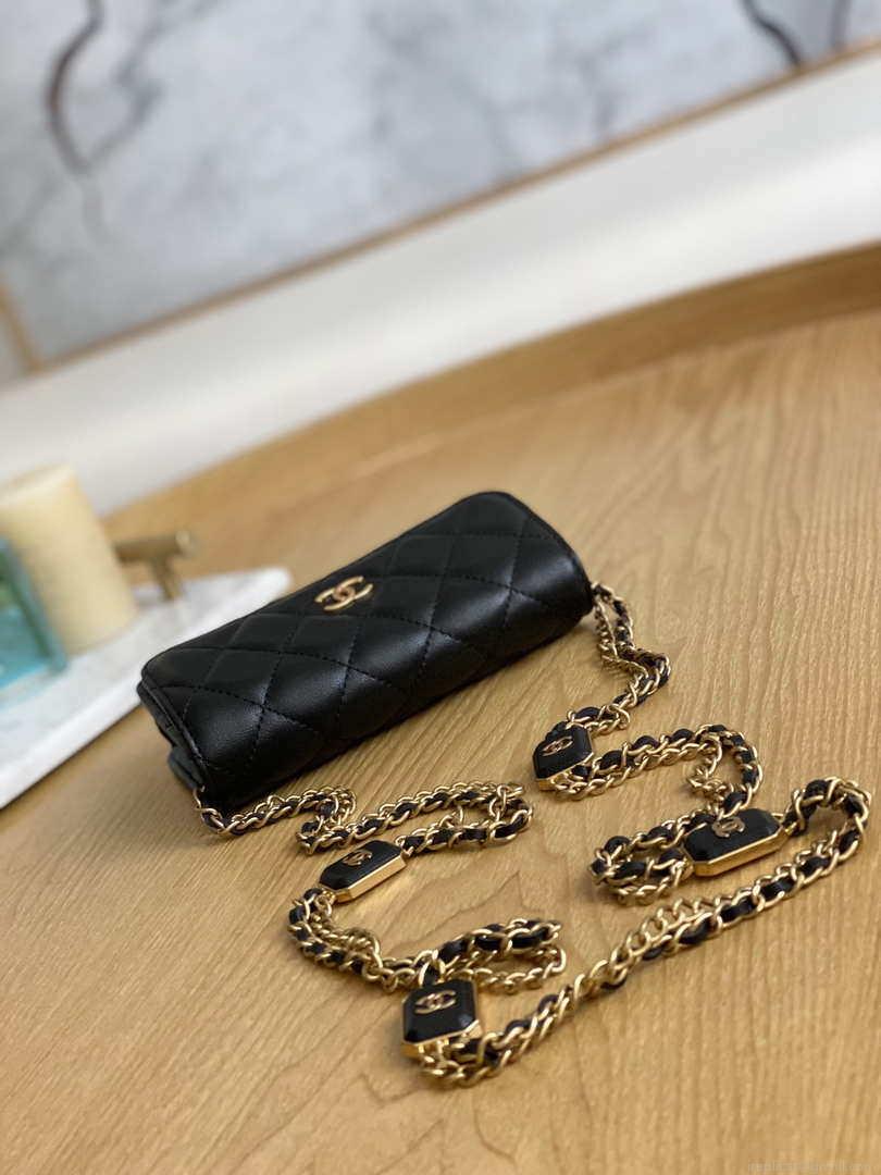 Chanel A68098 Mini Flap Bag Lambskin Onyx Small Square Stewardess Bag Black