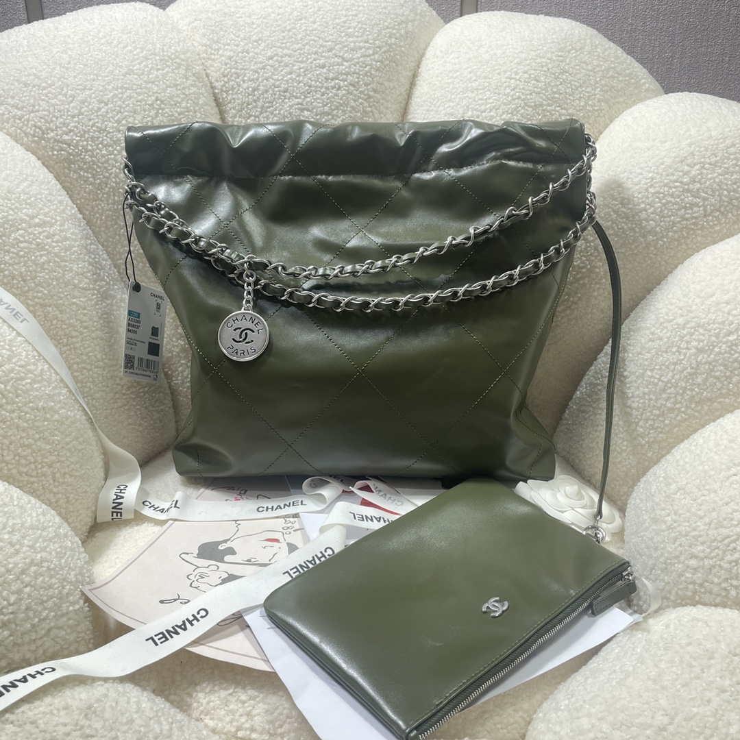 Chanel 22 Small Handbag Shiny Calfskin AS3260 Dark Green