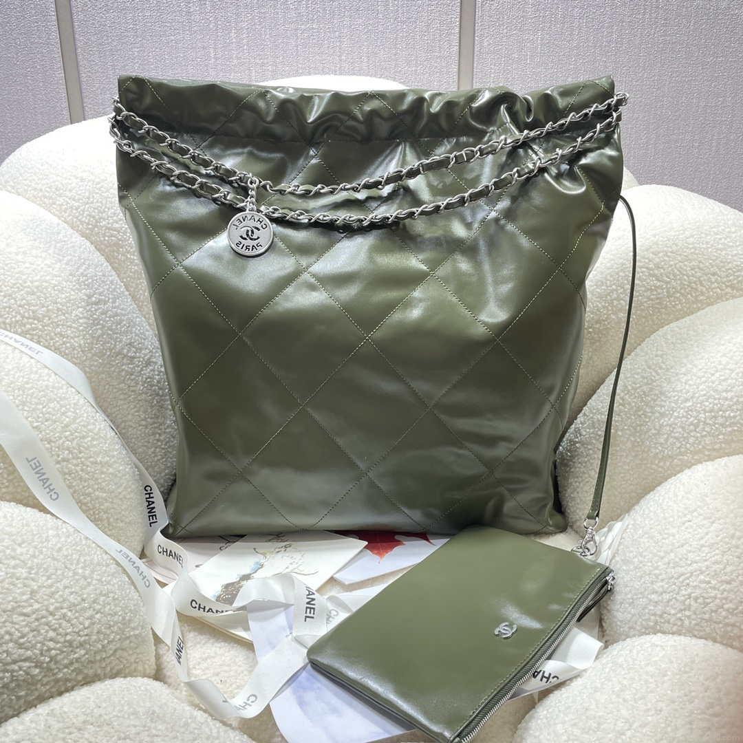 Chanel 22 Large Handbag Shiny Calfskin AS3262 Dark Green
