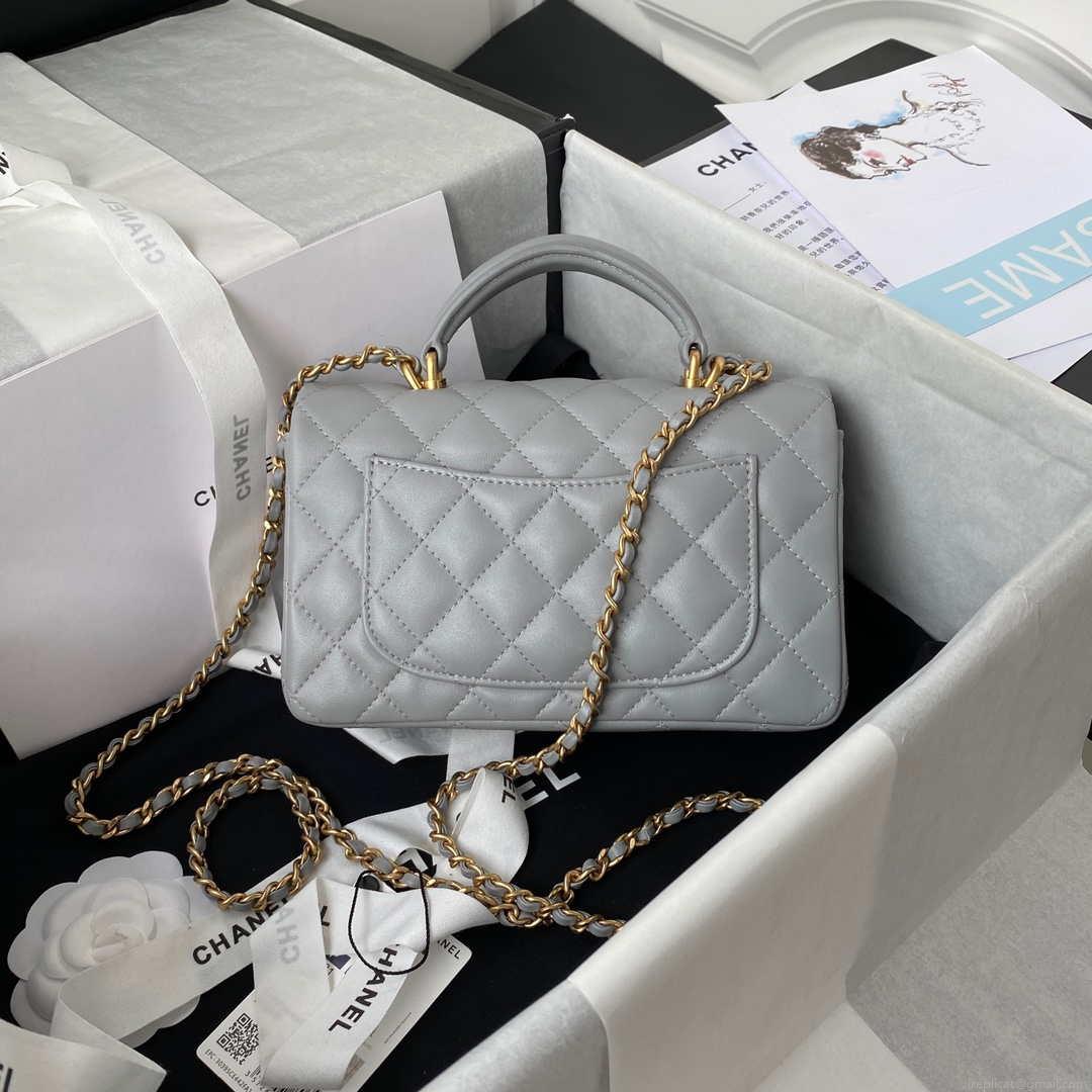 Chanel Mini flap Lambskin bag with top handle AS2431 Gray gold