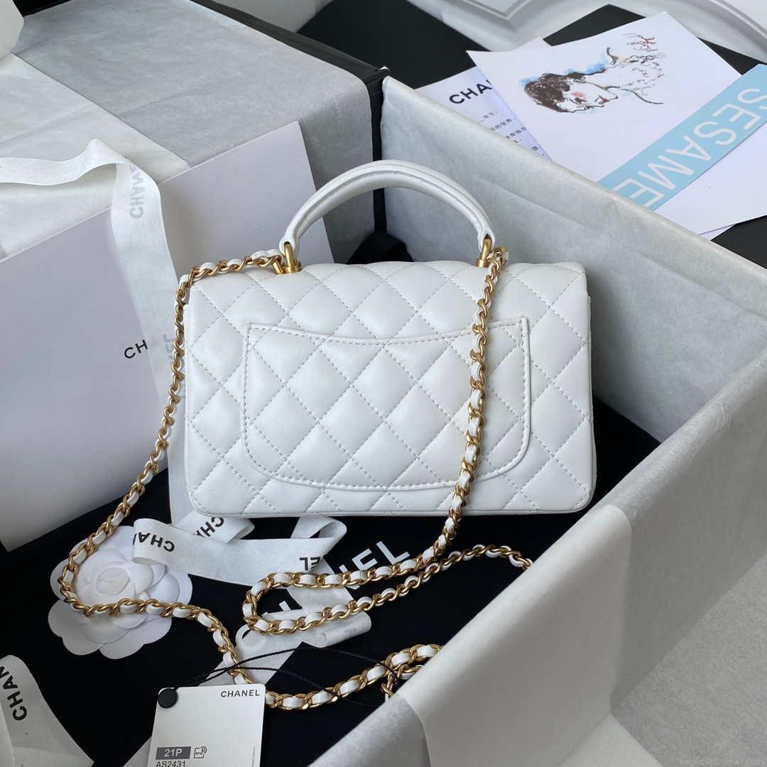 Chanel Mini flap Lambskin bag with top handle AS2431 White gold