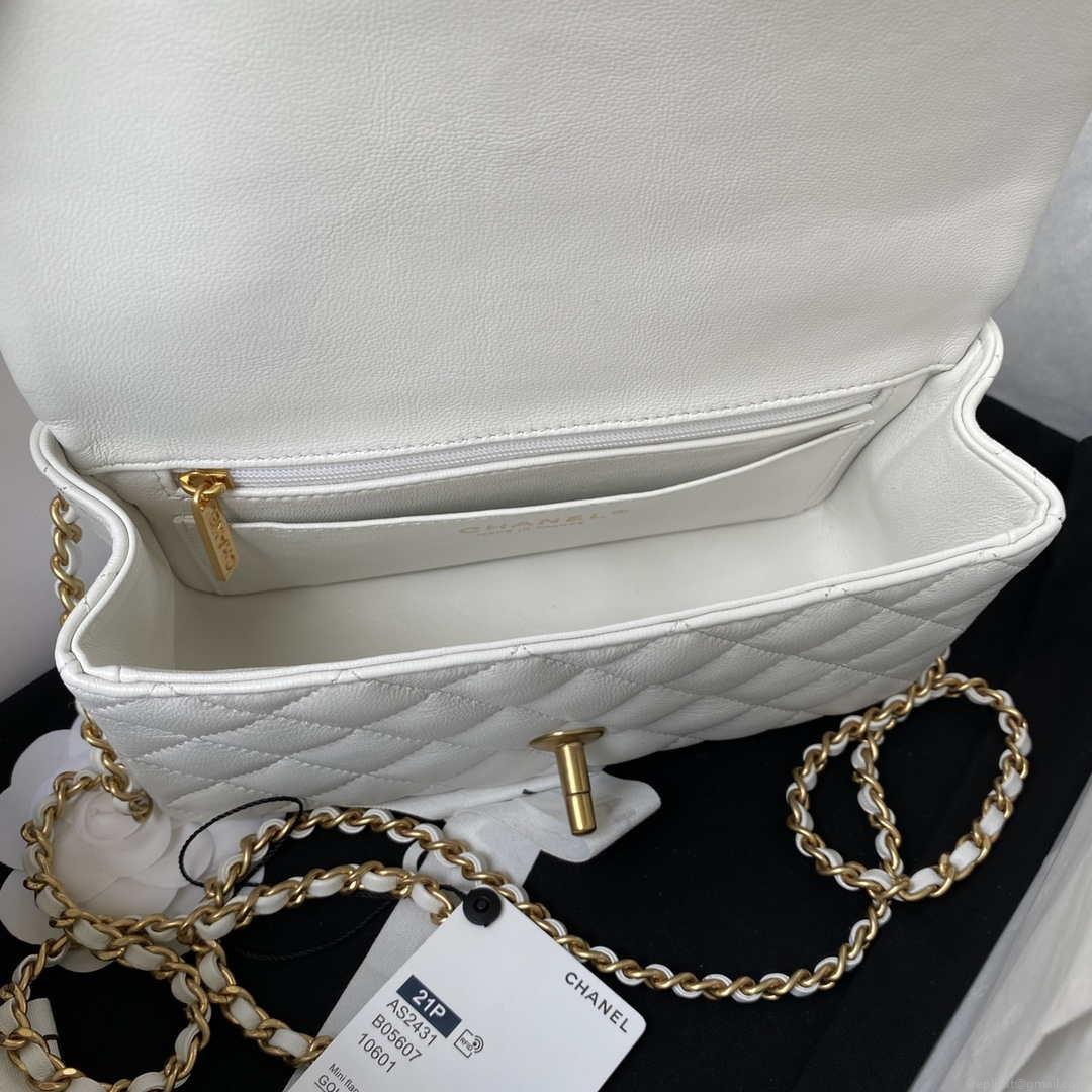 Chanel Mini flap Lambskin bag with top handle AS2431 White gold
