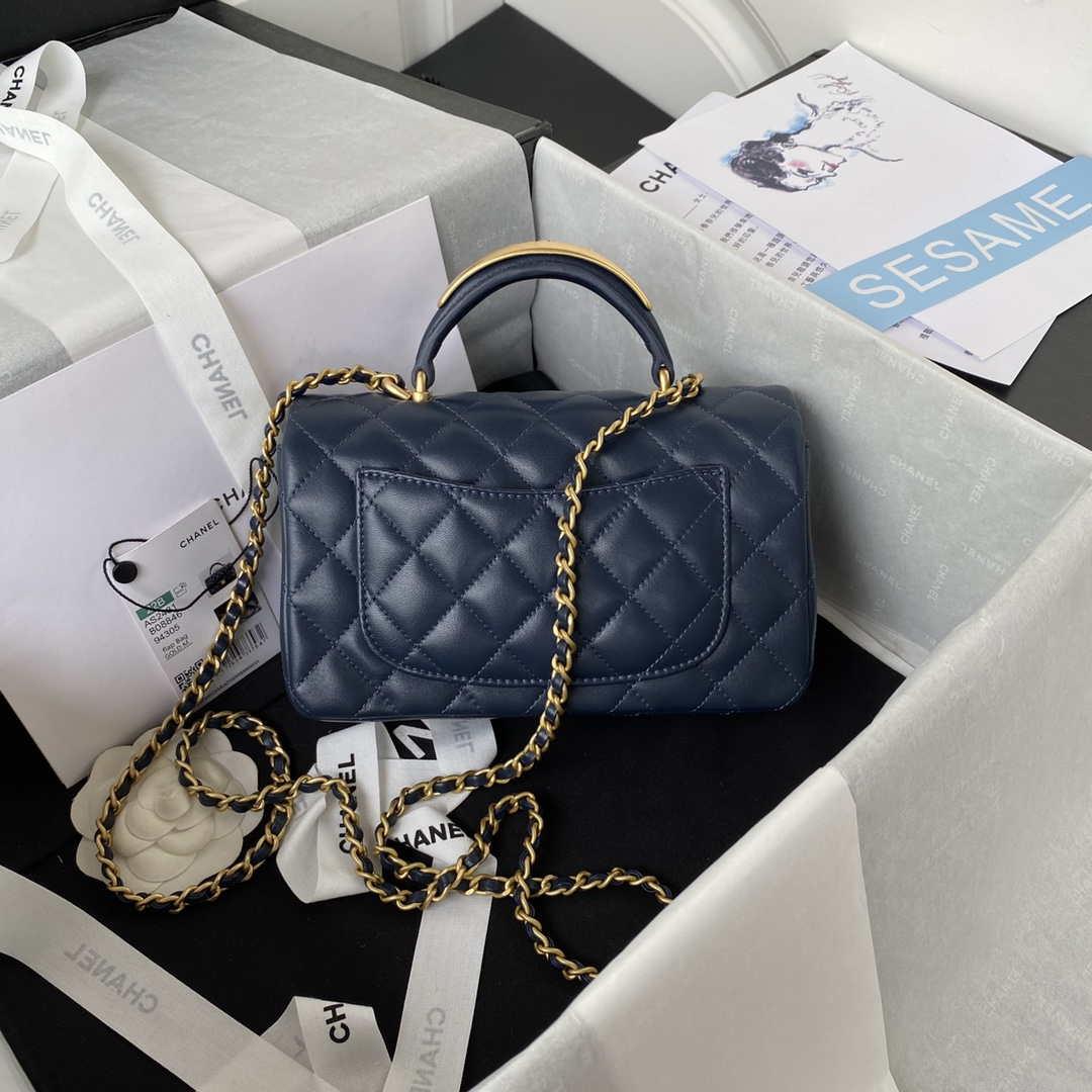 Chanel AS2431 Mini flap Navy Blue Lambskin bag with top handle Gold