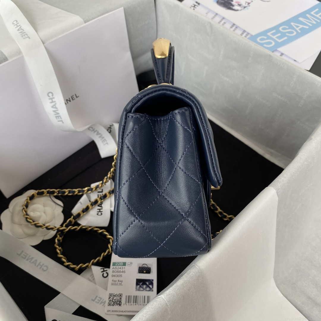 Chanel AS2431 Mini flap Navy Blue Lambskin bag with top handle Gold