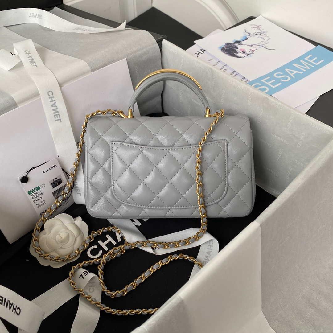 Chanel AS2431 Mini flap Gray Lambskin bag with top handle Gold